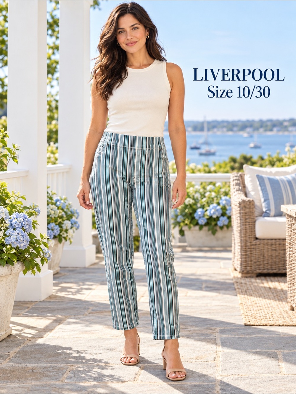 Liverpool Striped Ankle Pants - Cream & Teal